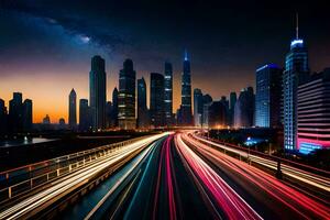 een stad horizon Bij nacht met verkeer lichten. ai-gegenereerd foto