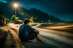 een Mens zittend Aan de strand Bij nacht. ai-gegenereerd foto