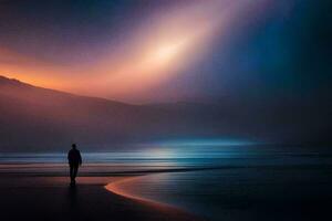 een Mens staand Aan de strand Bij nacht. ai-gegenereerd foto