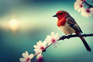 een rood vogel zit Aan een Afdeling met bloemen. ai-gegenereerd foto