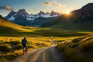 een fietser ritten door de bergen Bij zonsondergang. ai-gegenereerd foto