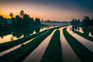 een rivier- Bij zonsopkomst met gras en bomen. ai-gegenereerd foto