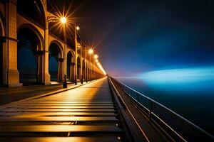 een lang brug met lichten Aan het Bij nacht. ai-gegenereerd foto