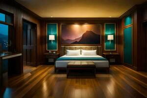 een slaapkamer met een groot bed en houten vloeren. ai-gegenereerd foto