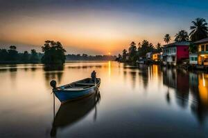 een boot Aan de rivier- Bij zonsondergang. ai-gegenereerd foto