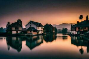 huizen Aan de water Bij zonsondergang. ai-gegenereerd foto