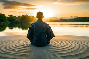 een Mens zittend in meditatie Aan de zand Bij zonsondergang. ai-gegenereerd foto