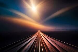 een trein bijhouden met licht schijnend door het. ai-gegenereerd foto