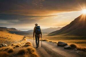 een persoon met een rugzak wandelen Aan een aarde weg. ai-gegenereerd foto