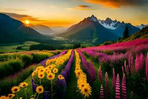 zonsondergang over- een veld- van bloemen en bergen. ai-gegenereerd foto