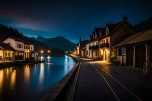 een kanaal in de midden- van een stad- Bij nacht. ai-gegenereerd foto