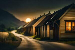 foto behang de lucht, weg, huis, de maan, de weg, de maanlicht,. ai-gegenereerd