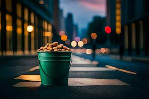 een emmer van noten Aan de straat Bij nacht. ai-gegenereerd foto