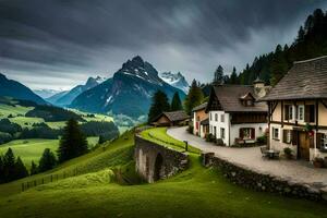 een mooi berg dorp in de Zwitsers Alpen. ai-gegenereerd foto