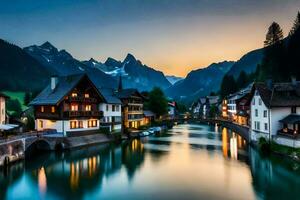 een rivier- loopt door een stad- Bij zonsondergang. ai-gegenereerd foto