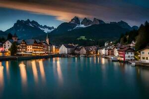 de stad- van lauchberg in de Alpen Bij nacht. ai-gegenereerd foto