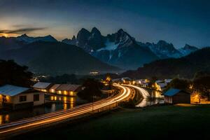 een weg in voorkant van een berg reeks Bij nacht. ai-gegenereerd foto