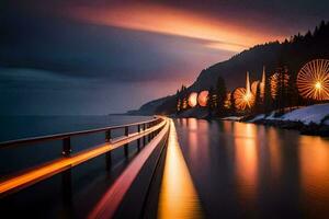 een lang blootstelling foto van een brug over- water met lichten Aan het. ai-gegenereerd