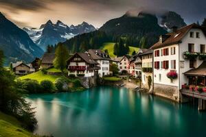 foto behang de lucht, bergen, meer, huis, Zwitserland, de Alpen, zw. ai-gegenereerd