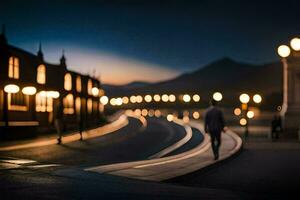 een Mens wandelen naar beneden een straat Bij nacht met lichten. ai-gegenereerd foto