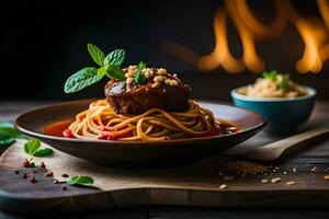 spaghetti met gehaktballen en tomaat saus Aan een houten tafel. ai-gegenereerd foto