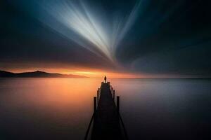 een Mens staat Aan een pier Bij zonsondergang met een helder licht komt eraan van de lucht. ai-gegenereerd foto