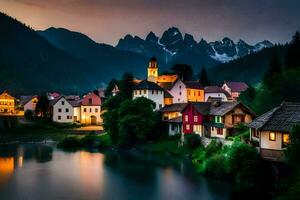 foto behang de lucht, bergen, rivier, huis, bergen, huis, bergen, huis,. ai-gegenereerd