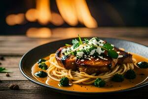 een bord van spaghetti met vlees en saus Aan een houten tafel. ai-gegenereerd foto