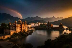 de zonsondergang over- de meer en paleis in udaipur, Indië. ai-gegenereerd foto