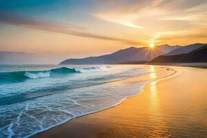 de zon stijgt over- de oceaan en bergen in deze mooi foto. ai-gegenereerd foto