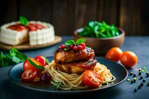 gegrild kip borst met spaghetti en kers tomaten Aan een zwart bord. ai-gegenereerd foto