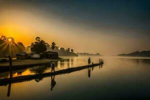 zonsopkomst over- de rivier. ai-gegenereerd foto