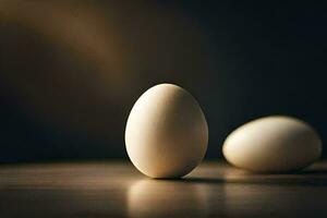 twee eieren Aan een tafel met een donker achtergrond. ai-gegenereerd foto