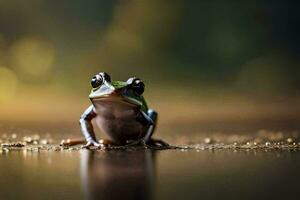 een kikker zittend Aan de grond met water druppels Aan het. ai-gegenereerd foto