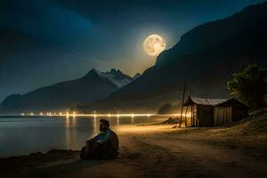 een Mens zittend Aan de strand Bij nacht met een vol maan. ai-gegenereerd foto
