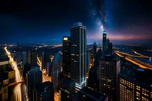 de melkachtig schijnt over- de stad Bij nacht. ai-gegenereerd foto