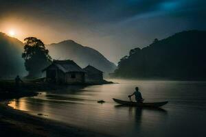 een Mens in een boot Aan de water Bij zonsopkomst. ai-gegenereerd foto
