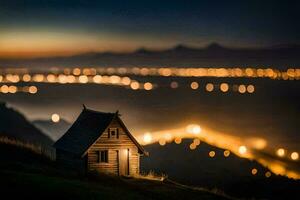 een klein huis Aan top van een heuvel Bij nacht. ai-gegenereerd foto