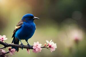 een blauw vogel zit Aan een Afdeling met roze bloemen. ai-gegenereerd foto