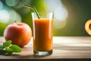 een appel en oranje sap zitten De volgende naar elk andere Aan een tafel. ai-gegenereerd foto