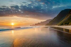 de zon sets over- de oceaan en een strand. ai-gegenereerd foto