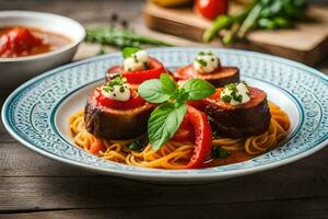 spaghetti met gehaktballen en tomaten Aan een bord. ai-gegenereerd foto