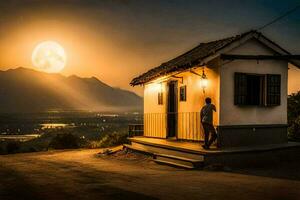 een Mens staat buiten van een klein huis Bij zonsondergang. ai-gegenereerd foto