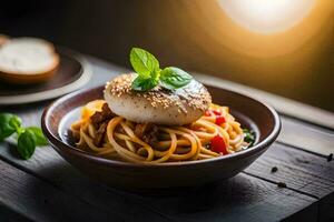 spaghetti met gehaktballen en tomaat saus in een schaal. ai-gegenereerd foto