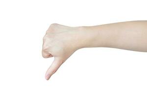 vrouw hand- gebaar duim naar beneden teken geïsoleerd Aan wit achtergrond foto