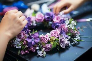 dichtbij omhoog vrouw hand- regelen van bloemen Aan tafel bokeh stijl achtergrond met generatief ai foto