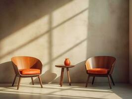 twee houten leer stoelen met een koffie tafel in een modern huis ai generatief foto