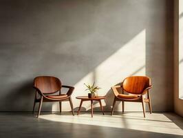 twee houten leer stoelen met een koffie tafel in een modern huis ai generatief foto