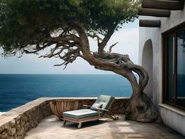 balkon terras van een steen huis door een blauw zee met een strand stoel in de buurt een boom ai generatief foto