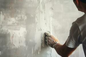 dichtbij omhoog bouw arbeider hand- bepleistering Aan de wit muur foto